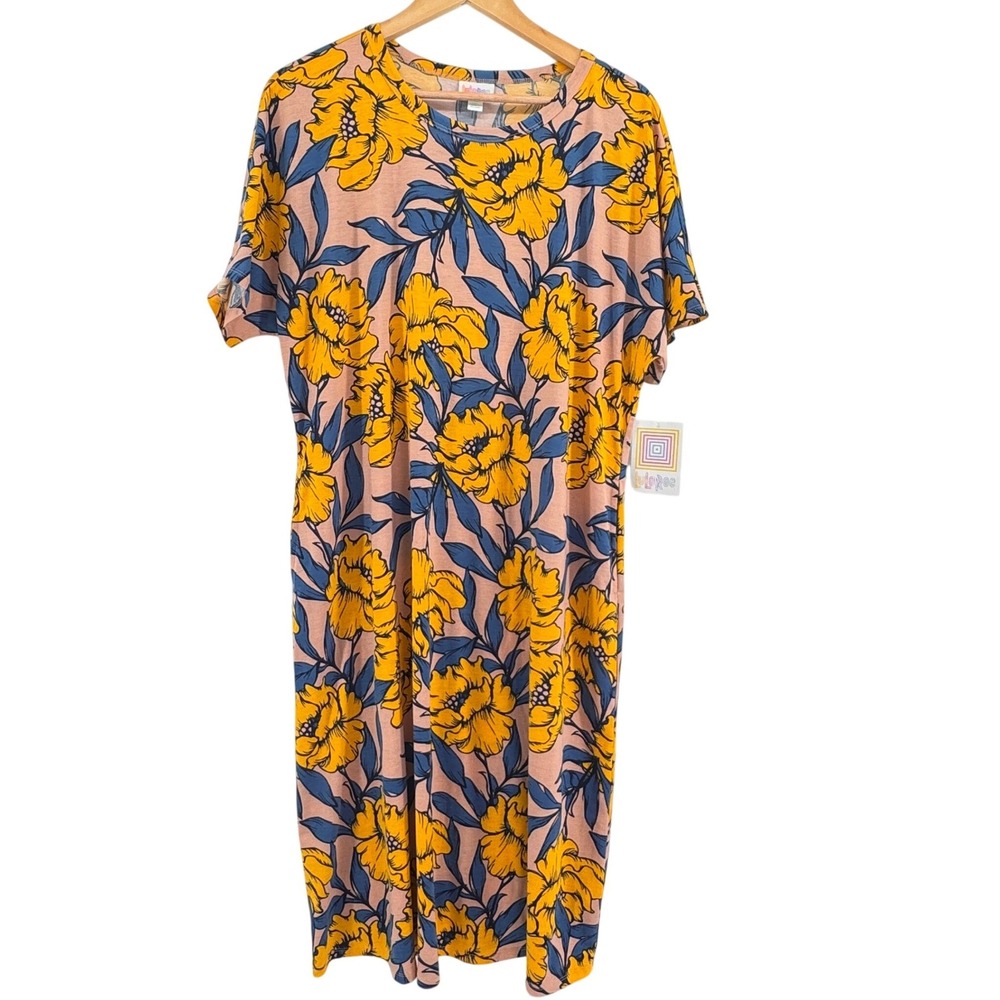 NWT LuLaRoe Marly Dress 2XL Pink Yellow Blue Floral Short Sleeve Midi Crew Neck